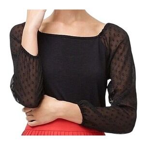 J Crew Womens L Black Square Neck Burnout Dot Sleeve Top